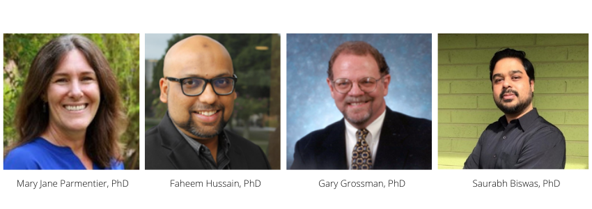 Headshots of Mary Jane Parmentier, PhD, Faheem Hussain PhD, Gary Grossman PhD and Saurabh Biswas PhD