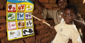 This is a child at Lonjezo CBCC in Dowa district, central region of Malawi pointing at a color matching poster held against a brick wall by a female educator